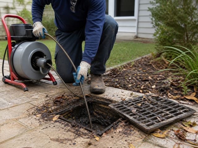 Camera drain inspection of clogged underground pipe