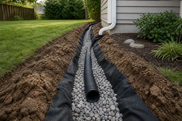 French drain trench with gravel and pipe
